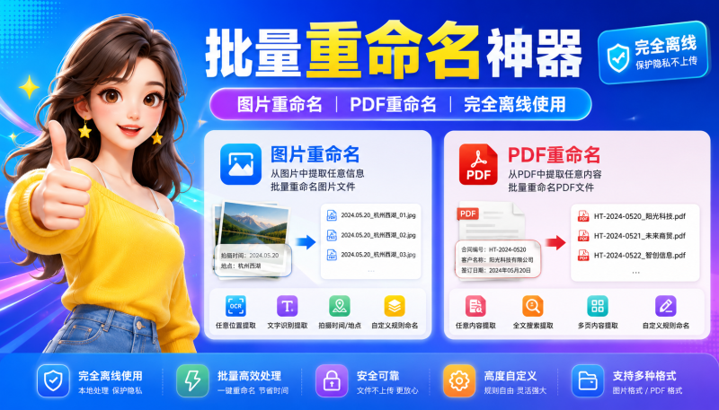 批量图片、批量PDF重命名，提取任意内容重命名，完全离线可用-爱工作