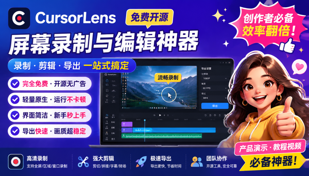 CursorLens免费开源录屏工具，支持自动缩放，教程视频录制必备神器-爱工作