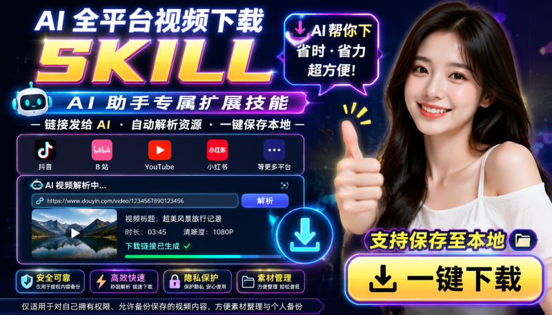 人人必装神仙 Skill🔥支持 1000 + 平台视频下载，用AI下载想要的视频-爱工作