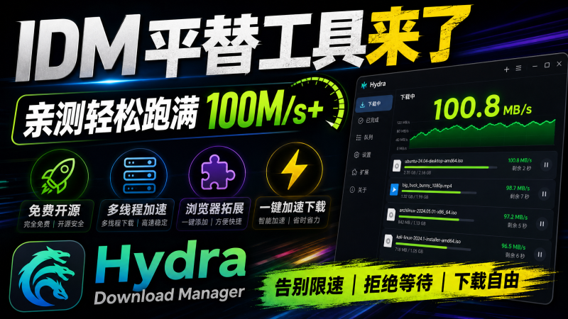 IDM平替工具，亲测轻松跑满100M/s+，免费开源多线程器，支持浏览器拓展-爱工作