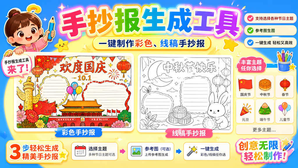 手抄报批量生成工具来了，完全免费，告别豆包生图，这个高清无水印-爱工作