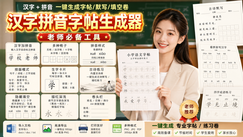 学习神器，汉字加拼音工具，根据拼音写汉字，支持词组、成语，老师、家长必备【043】-爱工作