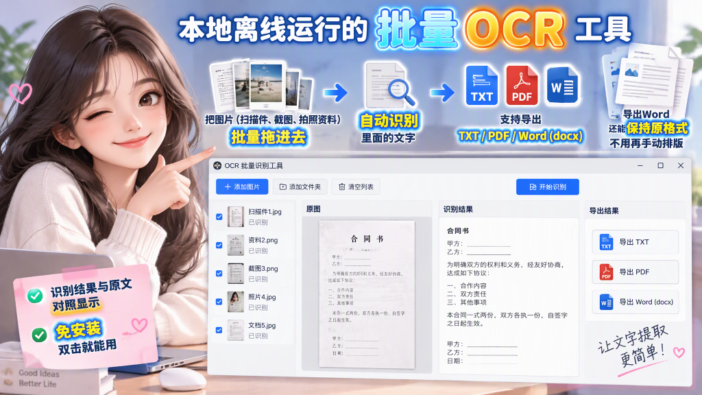 批量OCR文字识别工具，图片批量转Word，离线免费-爱工作